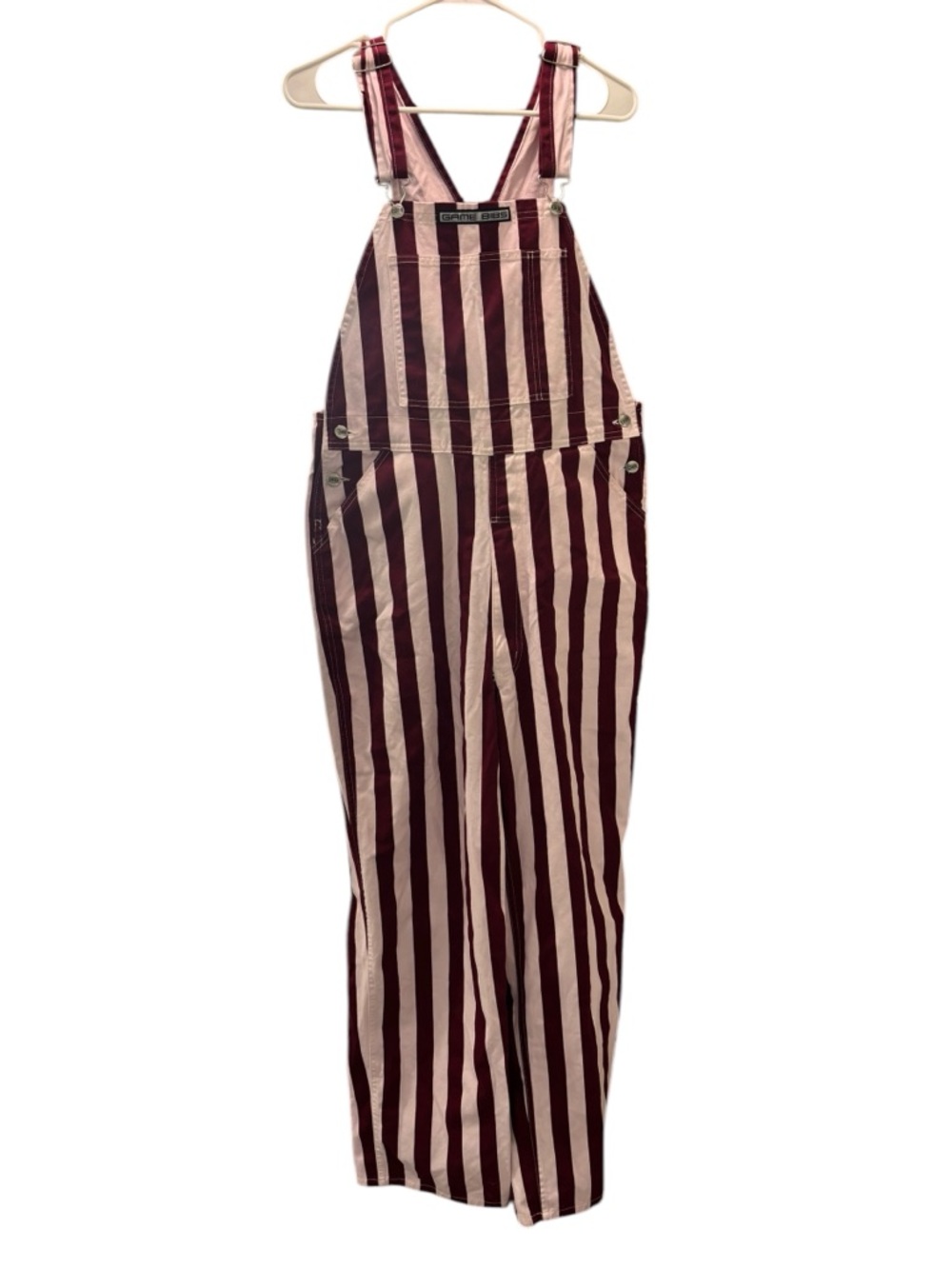 Game Bibs Burgundy White Striped Bibbed Overalls 100% Cotton Size Medium